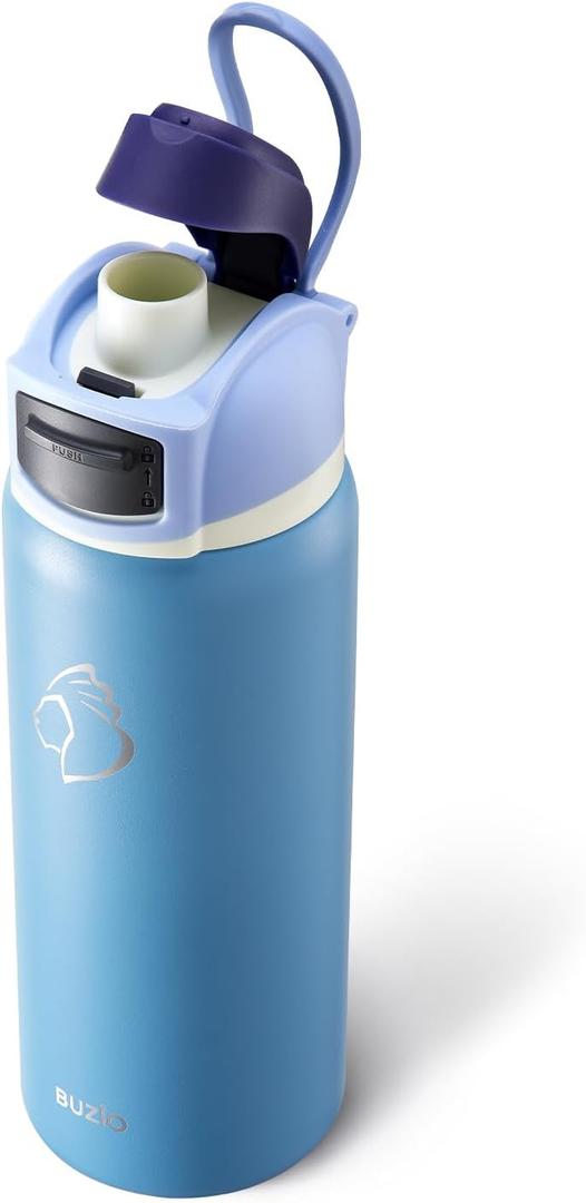 BUZIO 32 oz Insulated Stainless Steel Water Bottle, Triple Wall Water Bottle with Chug Spout and Leakproof Locking Lid for Gym Sports School Work, Dishwasher Safe, Keep Cold 48H, Haze Blue