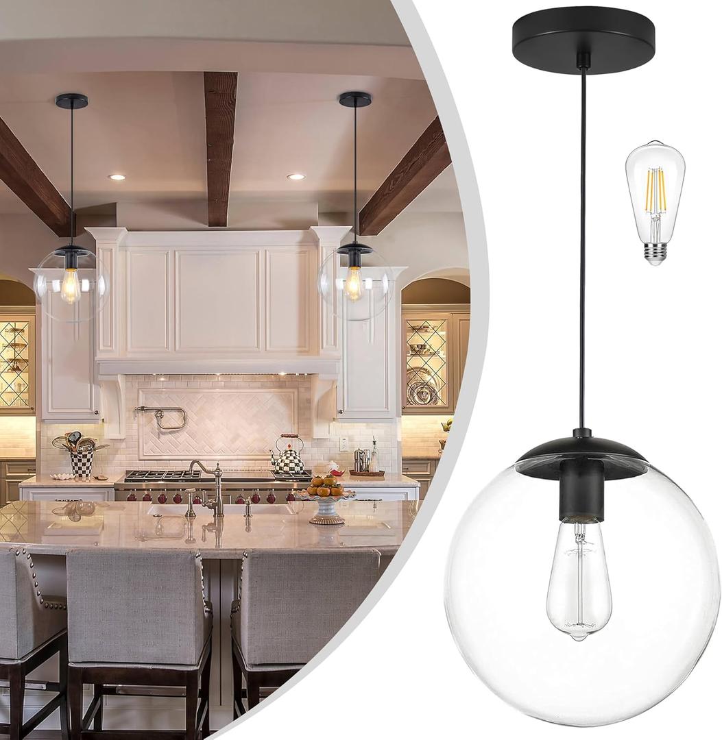 KoKo&Yukina 10" Globe Pendant Light Black Mid Century Pendant Light Mid Century Adjustable Hanging Light Fixture Matte Black Finished with Clear Glass Lampshade for Dining Room Bedroom Kitchen Island (10 inch - standard)