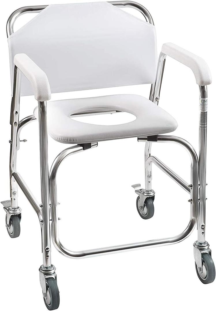 DMI Rolling Shower Chair, Commode, Transport Chair, FSA Eligible, Rolling Bathroom Wheelchair for Handicap, Elderly, Injured or Disabled, 250 Lb. Weight Capacity, Aluminum Frame, White