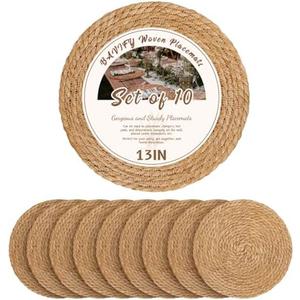 13 in Round Woven Placemats Plate Chargers Set of 10, Boho Farmhouse Rustic Woven Place Mats for Dining Table Decor, Rattan Wicker Table Mats Jute Braided Chargers for Dinner Plates 10 Pcs