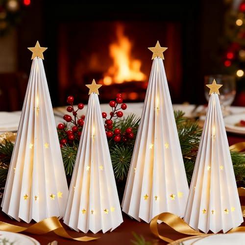 4PCS White Paper Christmas Trees 3D Christmas Tree Tabletop Centerpiece Decorations with Gold Star Tree Topper Light Up Vintage Table Centerpieces for Xmas Winter Wonderland Holiday Home Party