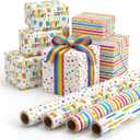 woric Birthday Wrapping Paper Rolls Colorful Gift Wrapping Paper with Happy Birthday Lettering Candles Polka Dots Stripes Design for Boys Party Baby Shower - 4 Rolls - 17 in x 120 in(10ft) Per Roll