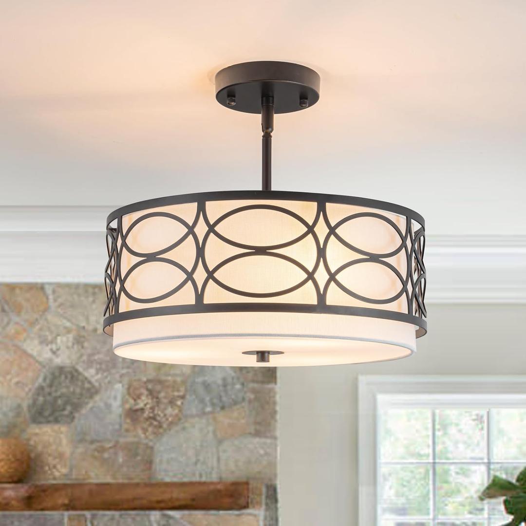 Semi Flush Mount Ceiling Light 3 Light Bedroom Ceiling Light Drum Light Fixture with Fabric Shade 15 Inch Black Farmhouse Dining Room Ceiling Light Metal Round Hallway Lighting Entryway