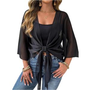 BEAUDRM Women's Plus Size Tie Front Top Sheer Mesh 3/4 Sleeve Lightweight Cardigan Casual Crop Tops (X-Large Plus, Black)