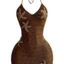 RoseSeek Women's Boho Sequin Mini Dress Halter Tie Back V Neck Bodycon Dresses Sparkle Dress Coffee Brown X-Large (Brown, XL)