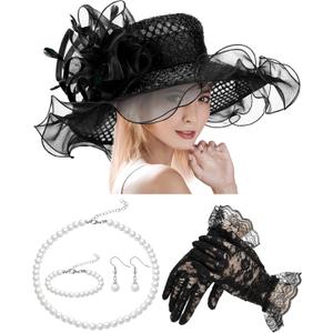 Derby Hat for Women 2026 Wide Brim Organza Sun Church Hat Set Feather Floral Fascinator for Tea Party Wedding Derby (Black)