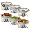 IMACONE Chafing Dish Buffet Set of 6, 5QT Round Stainless Steel Chafer for Catering, Upgraded Chafers and Buffet Warmer Sets w/ Food & Water Pan, Lid, Gold Frame, Fuel Holder for Party Wedding Holiday