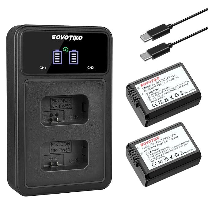 NP-FW50 Battery 2-Pack and Dual Port Charger for Sony ZV-E10, Alpha 7, A7, A7II, A7RII, A7SII, A7S, A7S2, A7R, A7R2, A5000, A6400, A6500, A6300, A6000, NEX-3, NEX-5 Camera