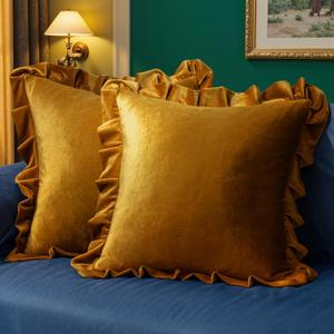 MIULEE Velvet Ruffle Throw Pillow Covers Soft Luxurious Golden Camel Pack of 2 18x18 Inch Square Cushions Vintage Gothic Decorative Ruffled Pillow Shams for Sofa Couch Bedroom Chair