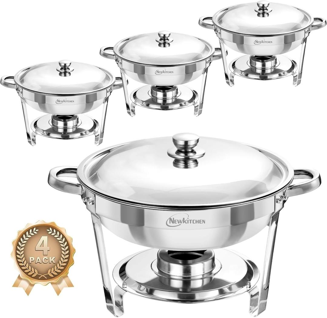NEWKITCHEN Chafing Dishes for Buffet 4 Pack, 5 QT Round Chafing Dishes for Buffet [Elegant Silver Colors] Stainless Steel Chafing Dish Buffet Set for Any Party