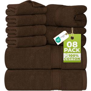 Utopia Towels 8-Piece Premium Towel Set, 2 Bath Towels, 2 Hand Towels, and 4 Wash Cloths, 600 GSM 100% Ring Spun Cotton Highly Absorbent Towels for Bathroom, Gym, Hotel, and Spa (Brown)