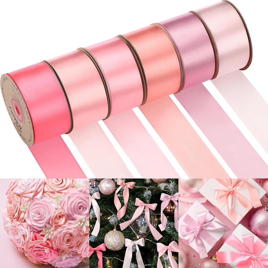 Lyrow 200 Yards Pink Satin Ribbon 1.5 Inch 6 Rolls Double Face Multicolor Ribbon for Gift Wrapping Flower Bouquet Bows DIY Crafts Birthday Party Decorations