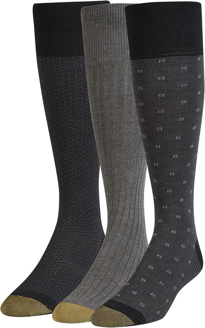 GOLDTOE Men's Over-The-Calf Dress Socks, 3-Pairs, Black/ Charcoal, Large