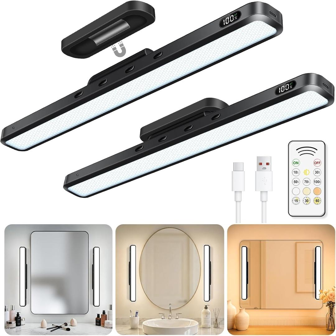 WILLED 3W Mirror Lights with Remote Control,Eye-Friendly Magnetic Light Bar with Battery Level Display,Adjustable Color Temperatures Vanity Lights for Mirror,Makeup Lighting for Bathroom(2 Pack)