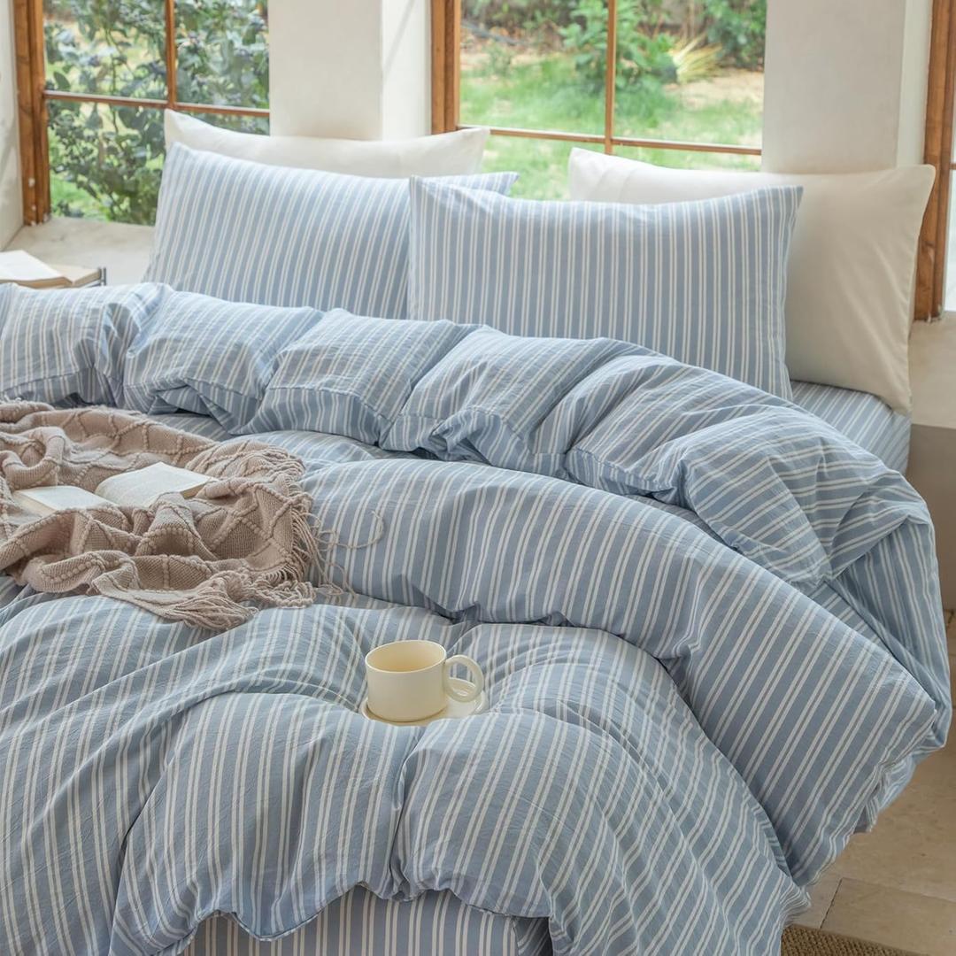 Striped Duvet Cover Set Queen Size 100% Washed Cotton Linen Feel Natural Wrinkle Comfy Lightweight Bedding Set (Queen, Double Stripe-Blue/White) (Queen(90" x 90"))