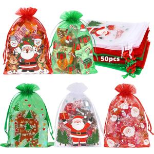 Shintop 50PCS Christmas Organza Gift Bags, 4x6 Inch Drawstring Mesh Treat Bags Small Jewelry Pouch for Candy Party Favors Holiday Decorations (Red Green White)