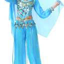 Lauthen.S Women Belly Dance Outfit Coins Top Pants Face Veil Set Halloween Costume Size S
