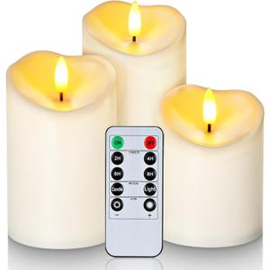 Homemory Outdoor Waterproof Flameless Candles, LED Candle with Remote and Timer, Battery Operated Candles, Electric Fake Plastic Candles, Ivory White, Set of 3
