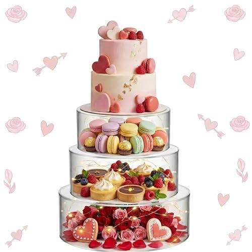 Sintuff 3 Pcs Acrylic Cake Stand with LED Lights 8'', 10'', 12'' Clear Fillable Cake Riser Round 3 Tier Case Box for Wedding Birthday Holiday Party Food Display, 3 Sizes