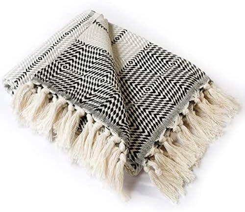 Peshtemania Premium Cotton Boho Throw Blanket |50”x60”| Grey Black and White Throw Blankets for Bed Sofa Couch Outdoor Farmhouse Turkish Throws Blankets for Sofa Bedroom Picnic Blankets Yoga
