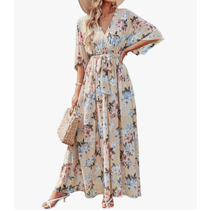 ANRABESS Women’s Summer Loose Boho Flowy Wrap V Neck 3/4 Sleeve Floral Print Slit Beach Wedding Guest Long Maxi Dresses Size XL
