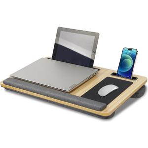 Wood Laptop Tray with Wrist Rest - Portable Laps Desk for Lap, Lightweight Laptop Lap Tray with Mouse Pad, Fits Laptops Up to 17 Inches, with Tablet Phone Holder, Beige