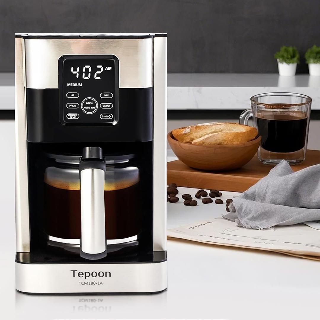 Tepoon Coffee Maker, 12-Cup Glass Carafe, Programmable