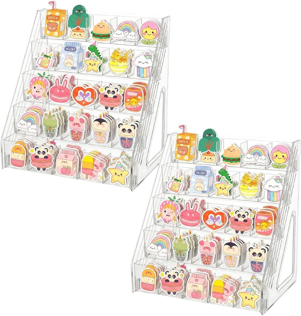 2 Pack 5 Tiers Sticker Display Stand, 25 Compartments Sticker Holder Organizer for Stickers Vendors Small Business Supplier Events Trade Shows Classroom Risers Greeting Card Display Sticker Holder