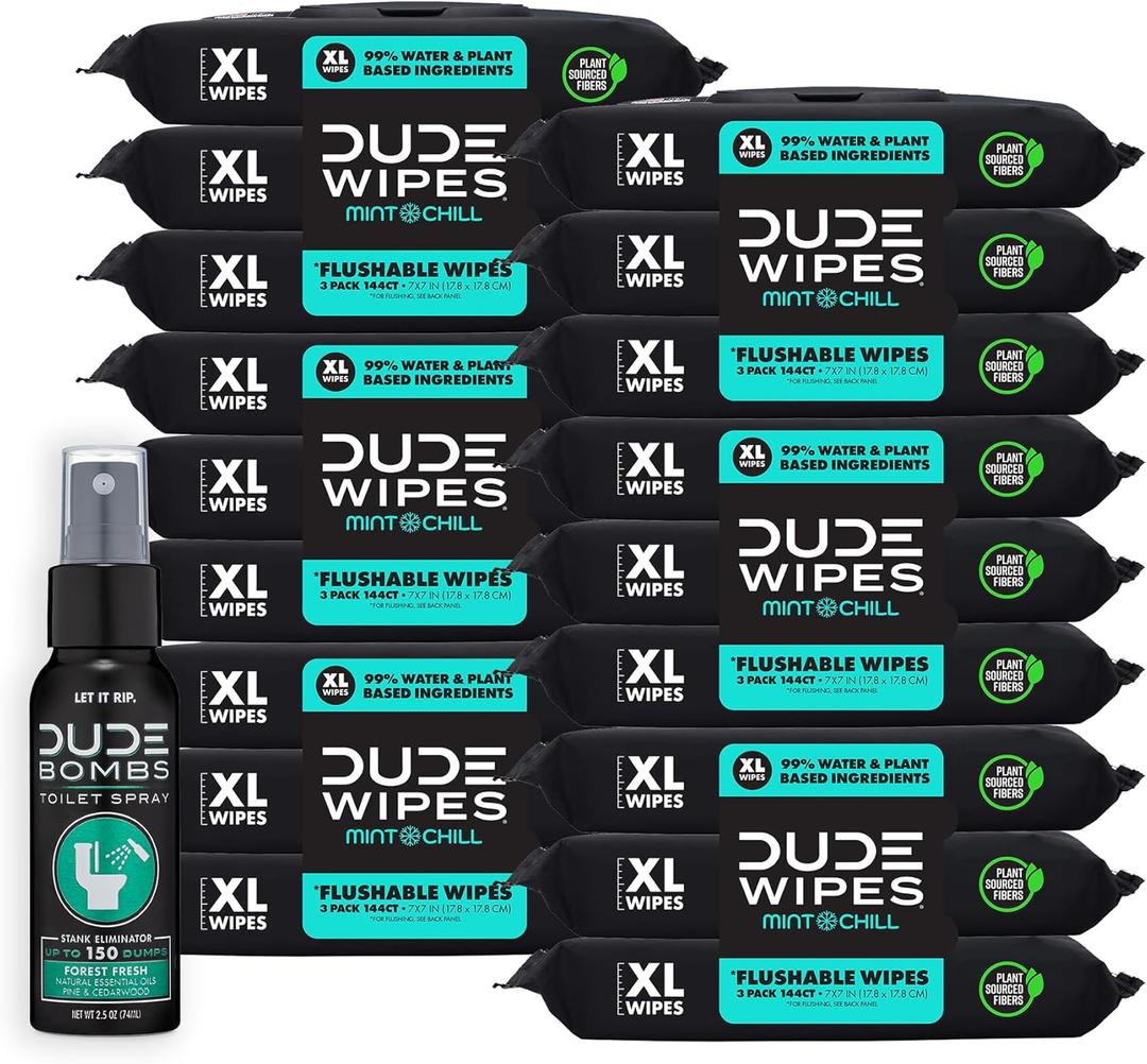 DUDE Wipes - Flushable Wipes with DUDE Bombs Toilet Spray - 18 Pack, 864 Count + 1 Spray Bottle - Mint Chill Extra-Large - with Eucalyptus & Tea Tree Oil - Forest Fresh Stank Eliminator