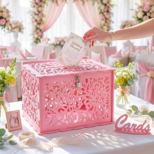 Pink Wedding Card Box with Lock, PVC Gift Card Box for Wedding Reception Decorations, Exquisite DIY Money Envelope Card Box for Party Graduation Birthday Baby Shower Wedding Decor