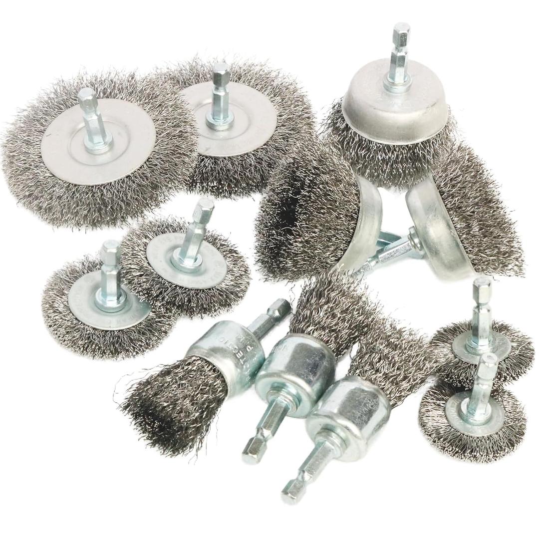 12 Pack Carbon Steel Wire Wheel, Cup, Pen Brush Set with 1/4-Inch Hex Shank for Rust Removal, Corrosion and Scrub Surfaces