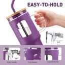 WINSA Glass Tumbler with Straw and Lid, 40 oz glass cup with handle, Glass Water Bottles with Time Marker, Silicone Protective Sleeve-Dark Purple