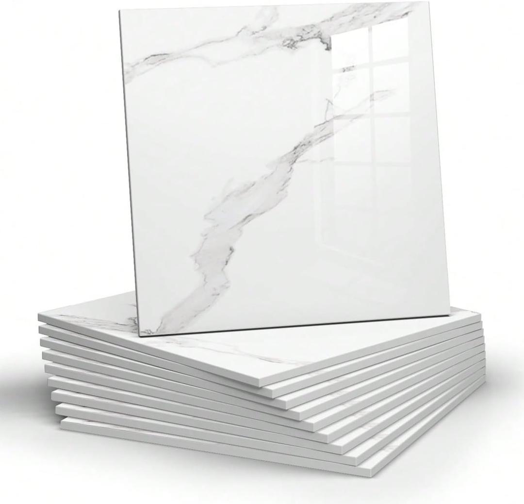 Set of 10 Marble Peel and Stick Backsplash Waterproof Washroom Wall Panels, Peel and Stick Tile, PVC Foam Wall Sticker for Kitchen, Bathroom, Living Room, White and Grey (Not Real Tile, 11.8" x 11.8")