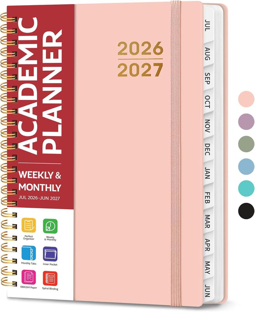 Planner 2026-2027 for Women & Men, Academic Monthly and Weekly Calendar Planner, Jul 2026 - Jun 2027, A5 (6.3" x 8.5"), Teacher Student Planning Book with Tabs, Ideal for Office School Supplies - Pink