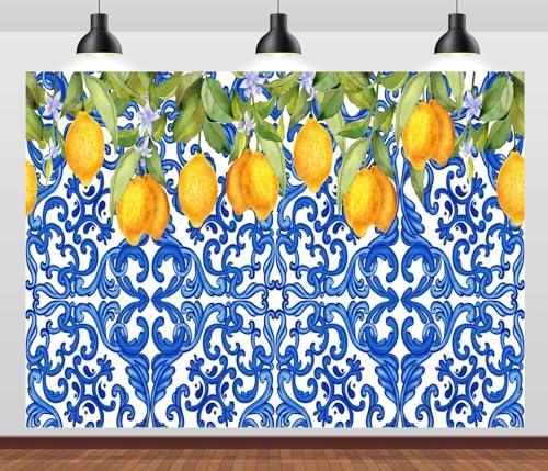BELECO 7x5ft Fabric Blue Tiles Lemon Backdrop Lemon Party Decorations Watercolor Lemon Fruit Birthday Background Summer Mediterranean Amalfi Coast Decorations Italian Party Banner Photo Props