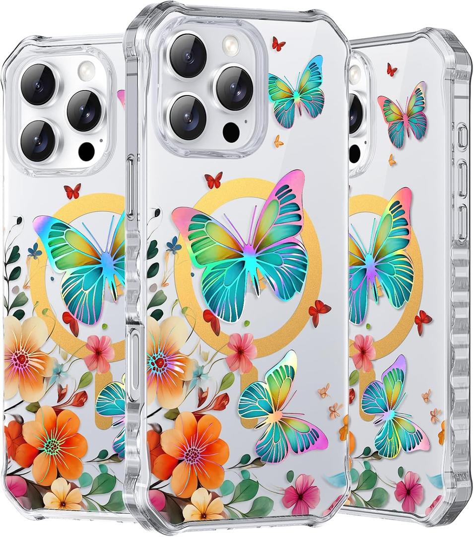 PIXIU Case for iPhone 16 Pro Compatible with Magsafe, Laser Glossy Pattern, Cute Curly Wave Clear TPU Bumper Military Grade Drop Protection Phone Cover for Women/Girls -Butterfly/Floral