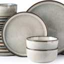 GBHOME Ceramic Dinnerware Sets for 8, 24 Pieces Stoneware Plates and Bowls Sets, Scratch Resistant Dishes, Dishwasher & Microwave Safe, Reactive Glaze-Green Wheat