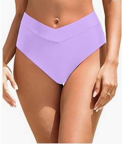 Women Twist Bikini Bottom Moderate High Cut Bathing Suit Bottoms Ruched Swimsuit Bottom, L, Lavender
