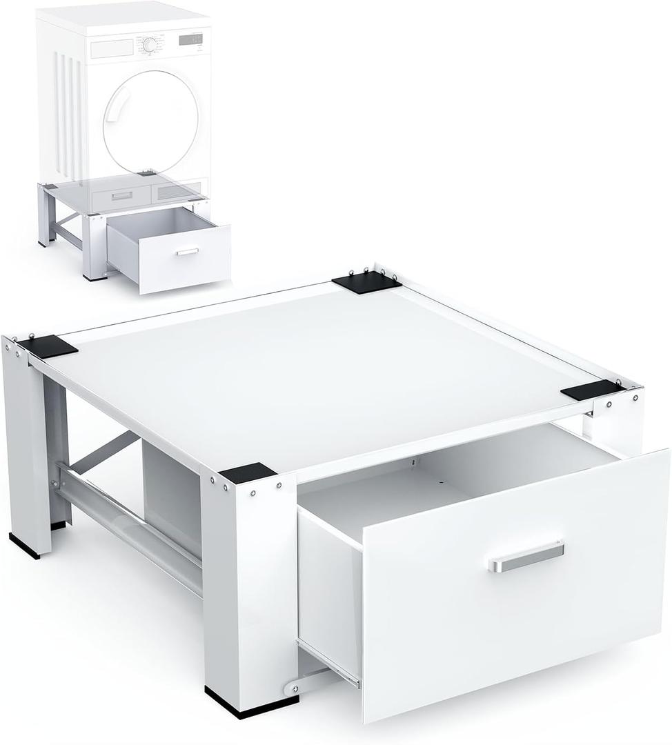 SKM Washer and Dryer Pedestal with Solid Top and Drawer, 28x28x14 in, White