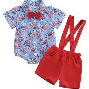 4th of July Baby Boy Outfit Newborn Infant Button Down Shirt Romper Top Shorts Gentleman Fourth Of July Clothes 12_18 Month