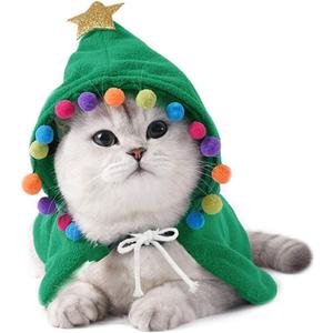 ANIAC Pet Dog Christmas Costume Puppy Cloak with Star and Pompoms Cat Santa Cape with Hat Winter Dog Outfit for Cats and Small Dogs (Medium, Green)