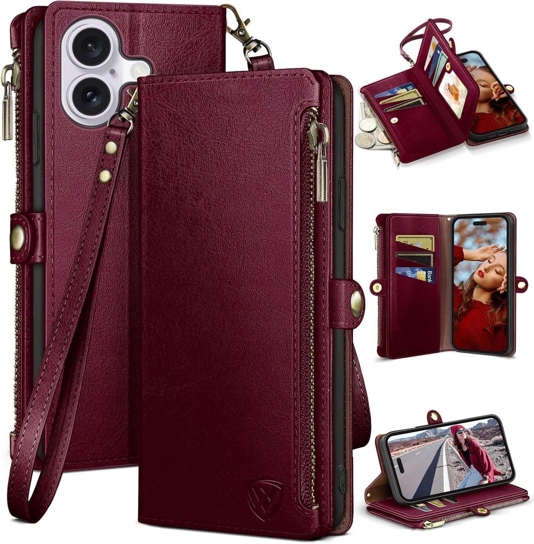 XcaseBar Compatible with iPhone 16 Plus 6.7" Wallet case with Zipper Credit Card HolderRFID Blocking,Flip Folio Book PU Leather Phone case Shockproof Cover Women Men for Apple 16 Plus case Wine Red