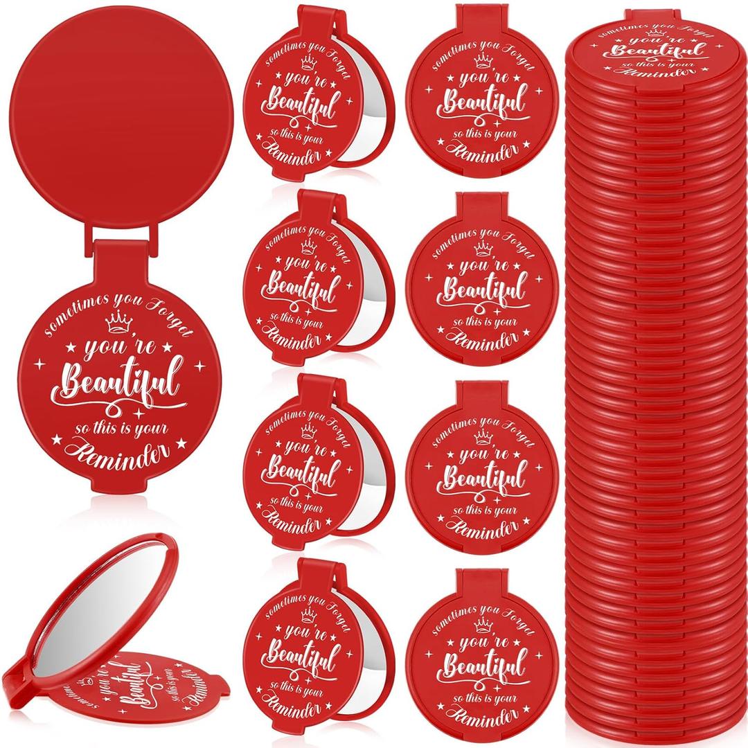 36 Pcs 2.76 Inch Inspirational Compact Mirror Bulk Women Small Gifts Graduation Party Favors Purse Mirror Pocket Mini Stuffer Items for Adult Coworker Cheerleader Employee (Red)
