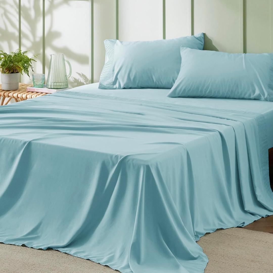 Bedsure Queen Sheet Set - 4 Pieces Soft Queen Size Sheets - Breathable & Cooling - Hotel Luxury - Easy Care Polyester Microfiber Bedding for Women, Men, Spa Blue