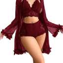 OYOANGLE Women's 3 Piece Pajama Set Lingerie Set Bra and Panty Sets with Lace Kimono Robe Mesh Nightgown (Medium, Burgundy)