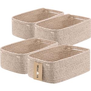 MiniArk Small Storage Baskets for Organizing | Closet Organizer Bins | Shelf Toy Basket | Woven Rope Baskets | Cube Decorative Box | Shallow Basket | 13x8.5x5.1 | 4 Packs Mixed Brown