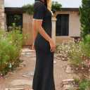 MEROKEETY Women's Spring Summer Ribbed Maxi Dress 2026 Bodycon V Neck Button Short Sleeve Slim Fit Knit Sweater Dresses (Black, XL)