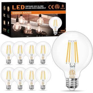 8-Pack G25 LED Globe Light Bulbs 3000K Soft White, Vintage E26 Base Edison Light Bulbs 60W Equivalent, 6W Round Light Bulbs with Filament for Bathroom Vanity, Clear Glass, 600LM, Non-dimmable