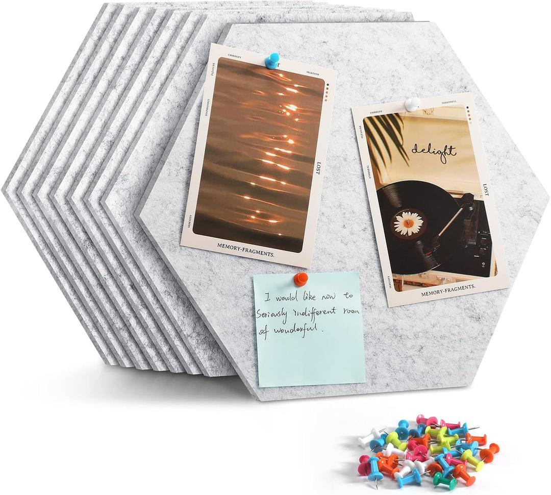 12" Large Bulletin Board with 30 Push Pins, Pack of 8 Hexagon Felt Pin Board Notice Boards for Home Office Kitchen, Felt Wall Tiles for Photos Memos (Grey)