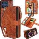 Harryshell Detachable Wallet Leather Case Compatible with Motorola Moto G Stylus 5G 2025 Magnetic Phone Case Zipper with Cash Coin Pocket Multi Card Slots Holder Wrist Strap (Flower Brown)